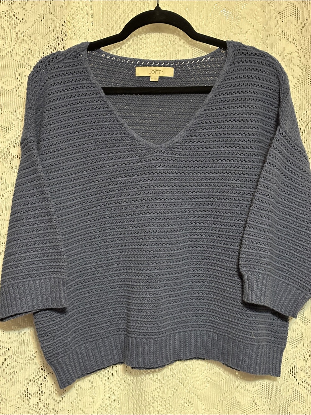 LOFT V-Neck Open Stitch Sweater - Slate Blue